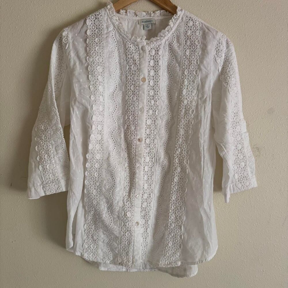 Sundance White Lace Eyelet Blouse L Romantic Cottagecore Boho Cotton Victorian